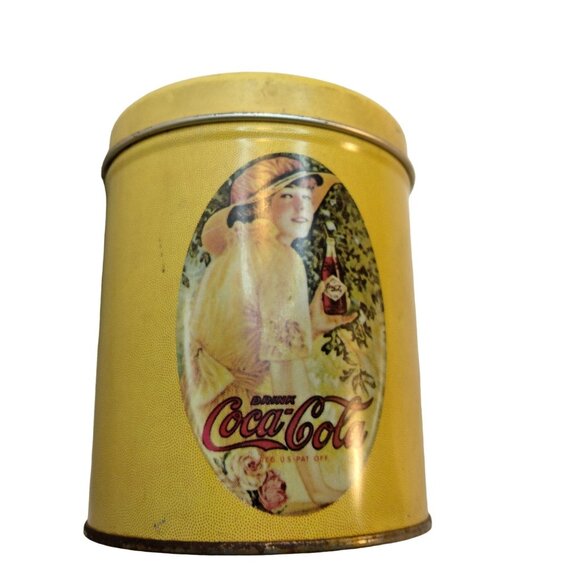 Vintage Coca Cola Tin Canister Yellow Lady Holding Coke Lidded Retro 1980s - Picture 11 of 11